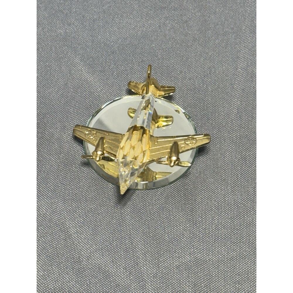 Vintage 3" Authentic Crystal And Gold Airplane On Glass Mirror Base